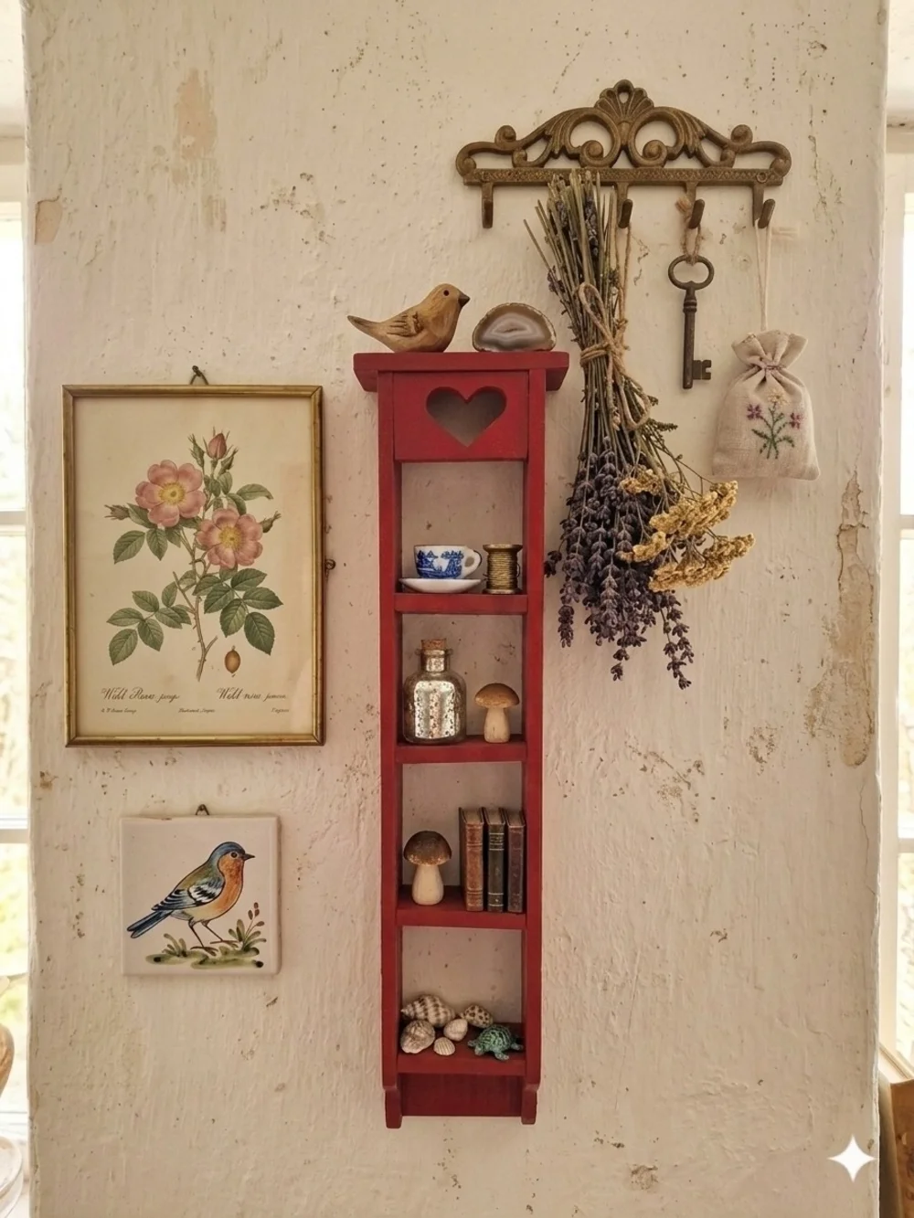 Red Wooden Heart Trinket Shelf - Home Wall Decor